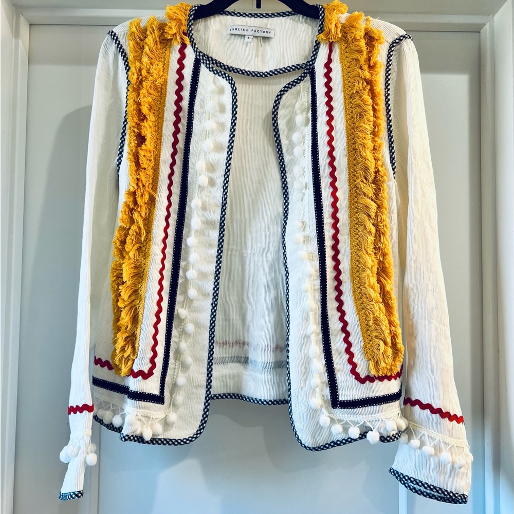 Anthropologie English Factory Selina Pom Long Sleeve Jacket boho style Sz Small
